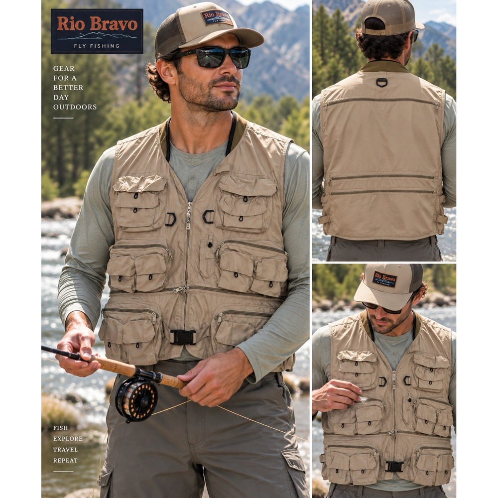 Rio Bravo Outdoor Adventure Clothing Khaki Fishing Utility Vest XXL Multi-Pocket
